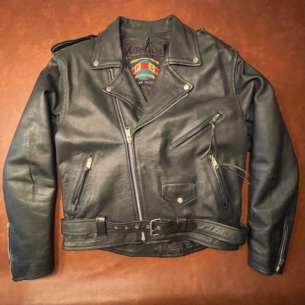 Vintage PLG Black Leather Biker Jacket Size 42